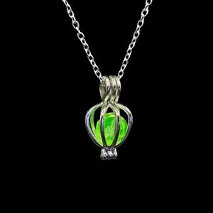 Silver Cage Pendant With Uranium Glass Bead Glows Green Silver Chain